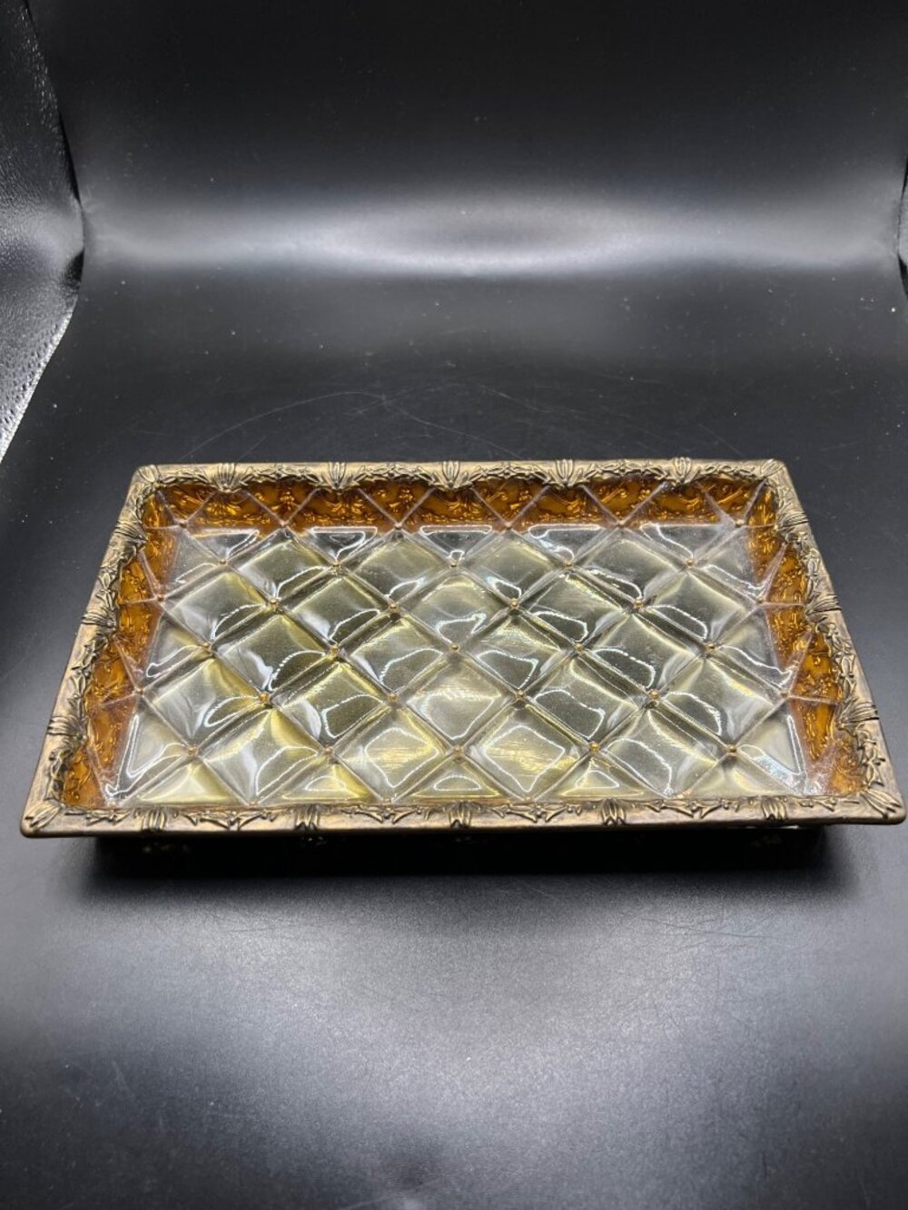 Vintage GoldTone Lucite Vanity Tray Quilted Diamond Pattern Ornate Floral Border